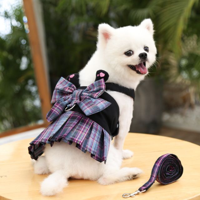 【Sサイズ / 紫色】☆チェック柄リボンスカート☆リード付き 犬の服 犬服_画像2