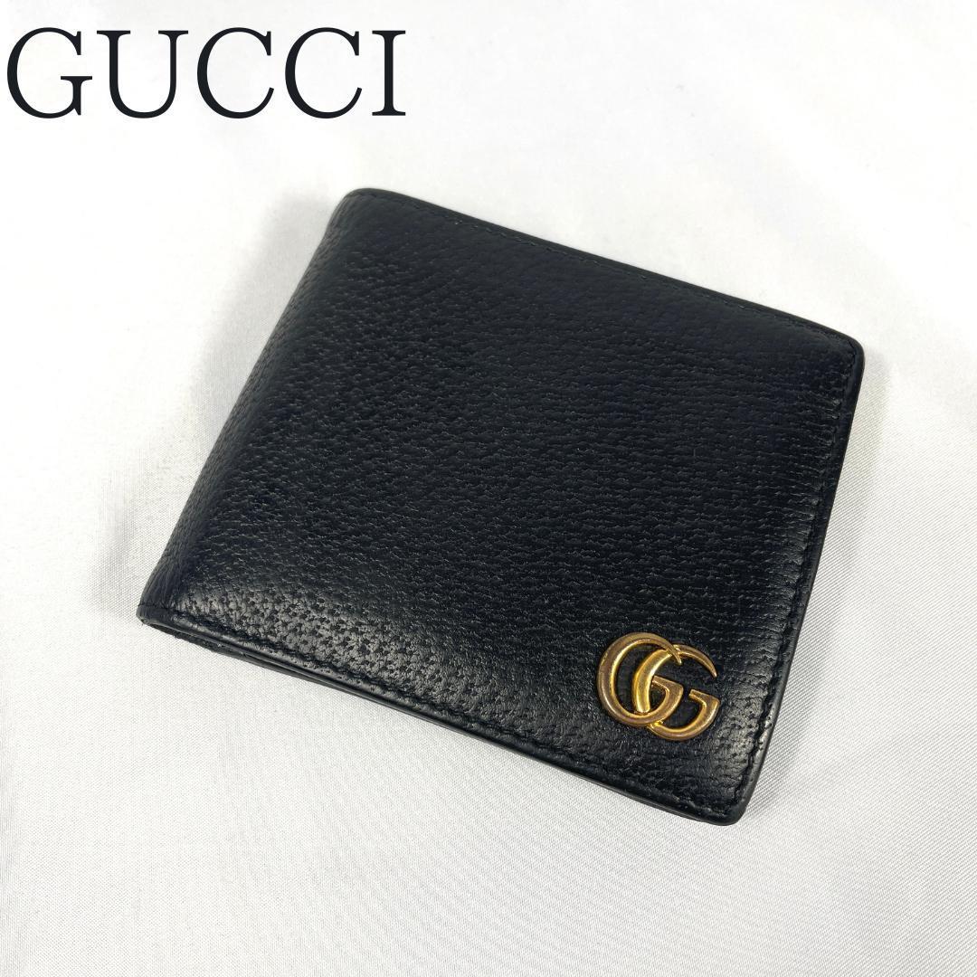 GUCCI グッチ 折り財布 GGマーモント 二つ折り レザー シボ革 古銭入れ