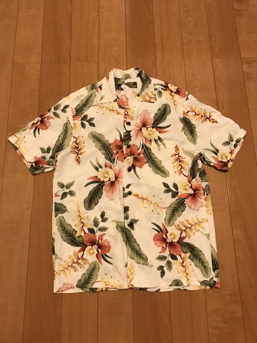 良品☆HAWAII製／TWO PALMS・トゥーパームス サイズS大き目　半袖希少.レーヨンアロハシャツ 花&葉っぱ総柄 ボタニカル調 開襟ボックス型_画像2