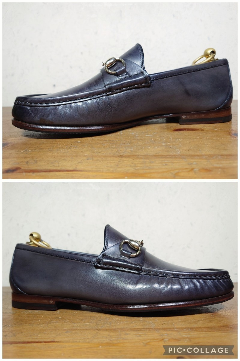 【美品】ITALY製 GUCCI/グッチ MTO ハンドパティーヌ ホースビットローファー Mens UK51/2 24-24.5cm相応 グレー_画像3