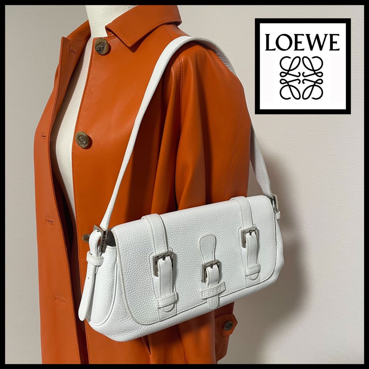 ロエベ LOEWE レザー ワンショルダーバッグ センダ ホワイト シルバーロゴ