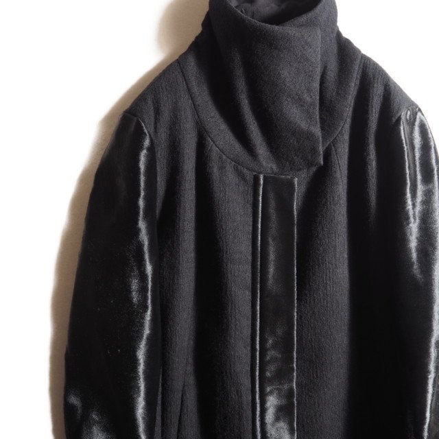 x5835P　▼HELMUT LANG ヘルムートラング▼　ウールリネン ハラコ 切り替え ハイネック ジップコート ブラック 黒 秋冬 rb mks_画像2