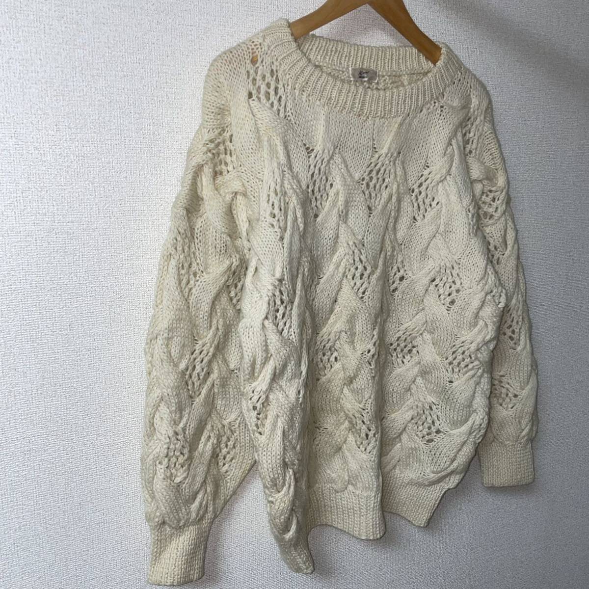 ヴィンテージ　ビンテージ　ニット　セーター 手編み系　白　毛100% メンズ　M〜L_画像2