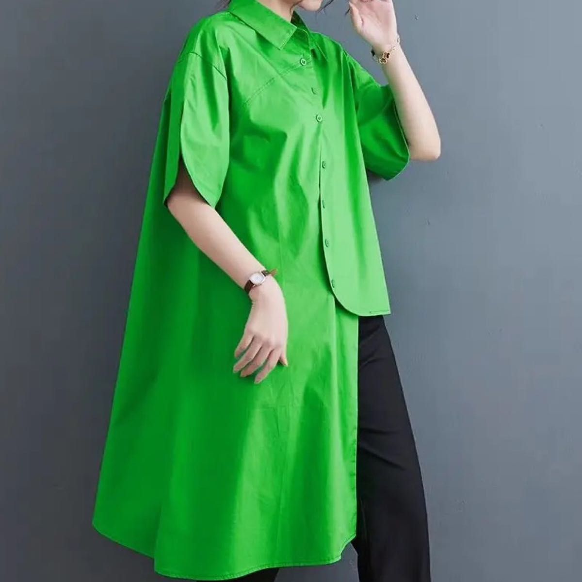シャツ アシンメトリー アウター トップス 半袖 ロングシャツ 個性的 モード ビッグシルエット 体型カバー 緑 グリーン