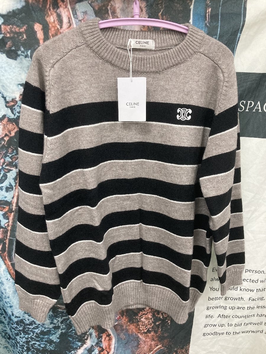 CELINE セリーヌ ニット セーター ロゴ刺繍 ストライプ ウールセーター