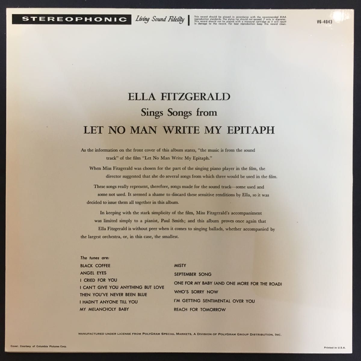 Ella Fitzgerald Sings Songs from LET NO MAN WRITE MY EPITAPH US盤