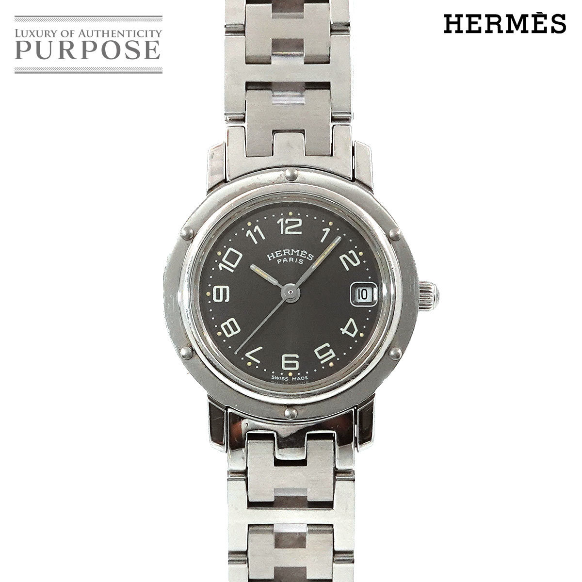 エルメス HERMES クリッパー CL4 210 ヴィンテージ レディース 腕時計 デイト グレー 文字盤 クォーツ ウォッチ Clipper 90208063