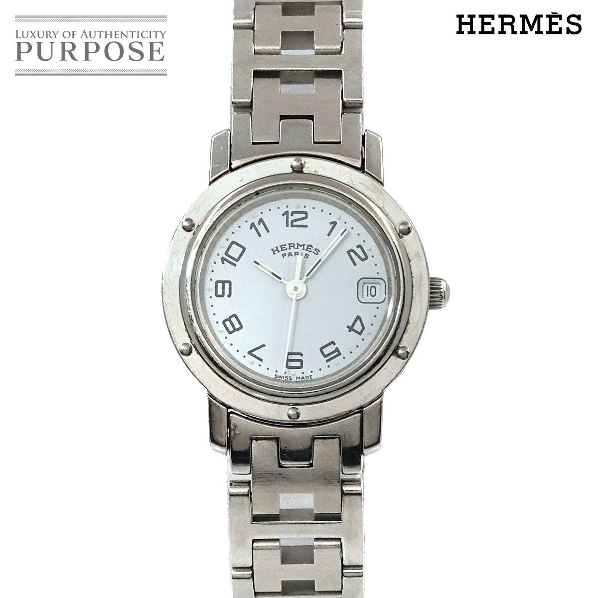 エルメス HERMES クリッパー CL4 210 ヴィンテージ レディース 腕時計 デイト ホワイト 文字盤 クォーツ ウォッチ Clipper 90209063