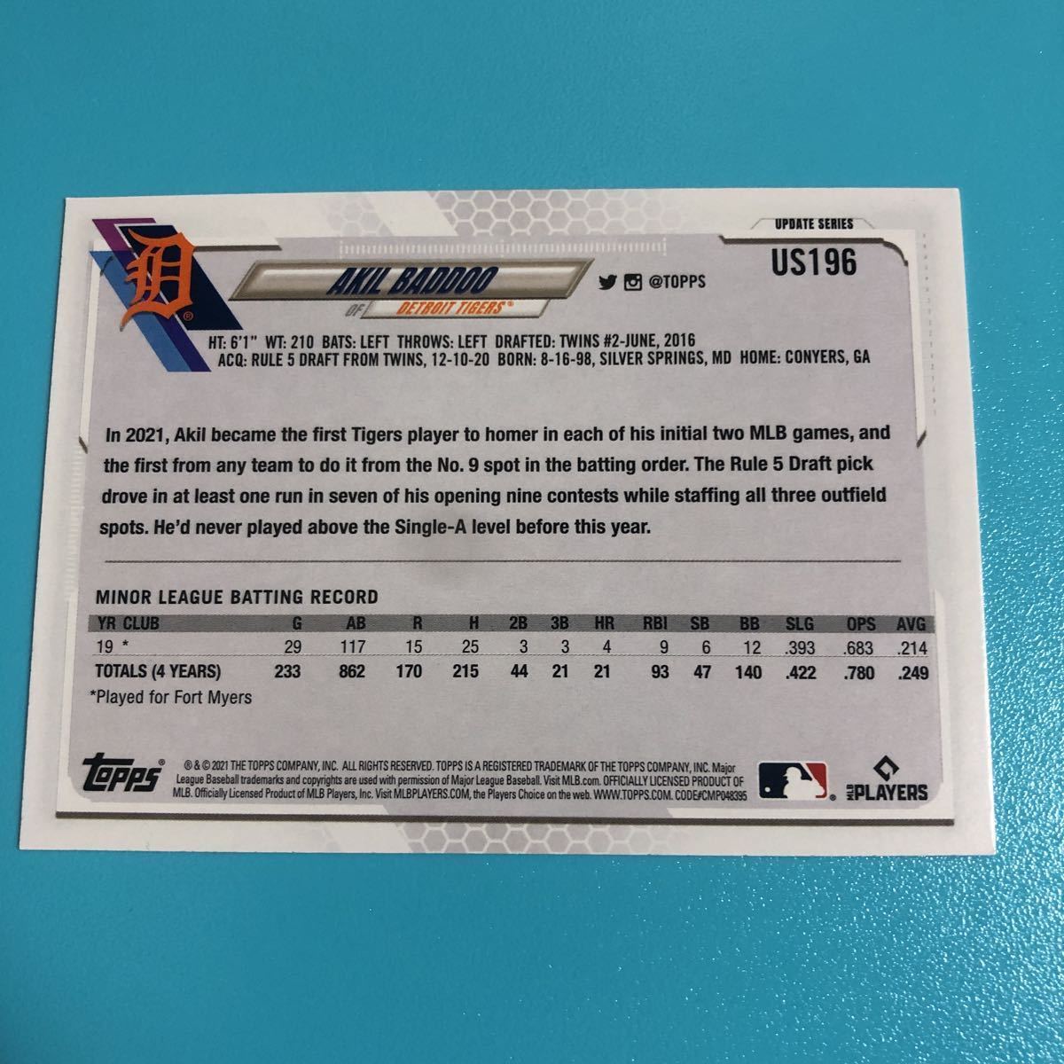 Akil Baddoo 2021 Topps Update Rainbow Foil #US196 Detroit Tigers Rookie RC_画像3