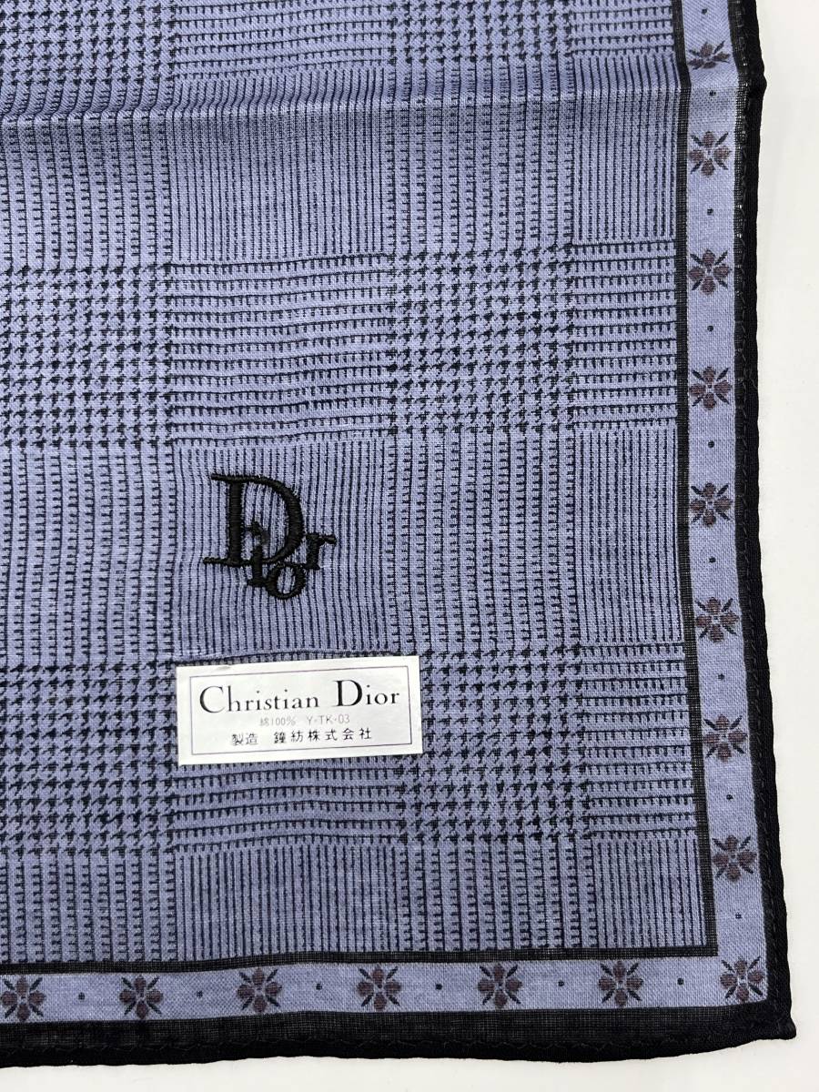【未使用品】Christian Dior クリスチャンディオール ハンカチ バンダナ ネイビー系 ロゴ刺繍 千鳥柄 チェック柄 コットン100％ W48 H48_画像2