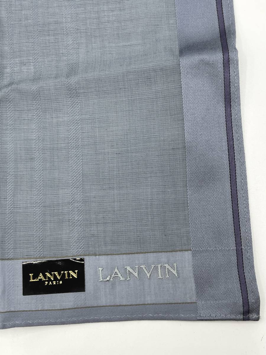 【未使用品】LANVIN ランバン ハンカチ バンダナ グレー系 ロゴ刺繍 パープル縁 ストライプ W49 H48_画像2