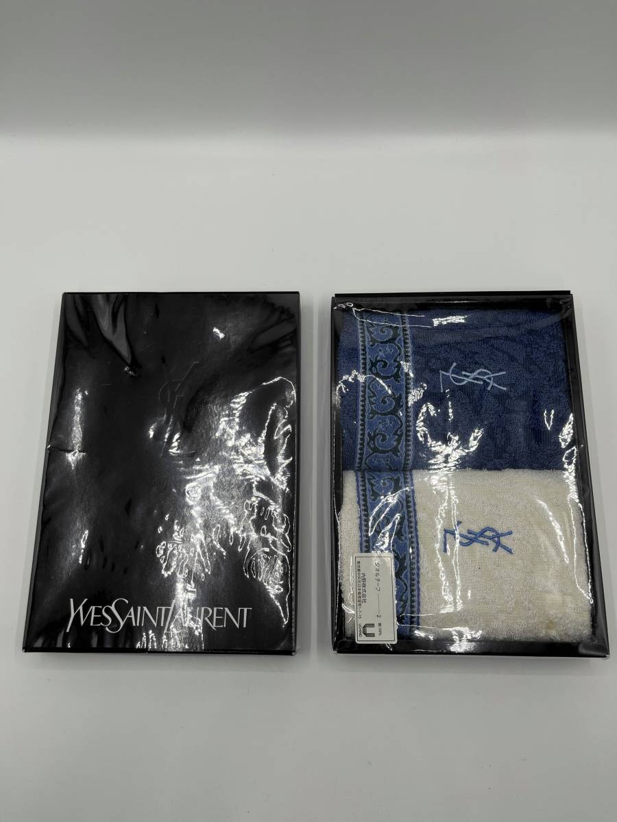【未使用品】Yves Saint Laurent イヴサンローラン タオルチーフ ハンドタオル 2枚組 コットン100％ ロゴ刺繍 ホワイト×ブルー W25 H23