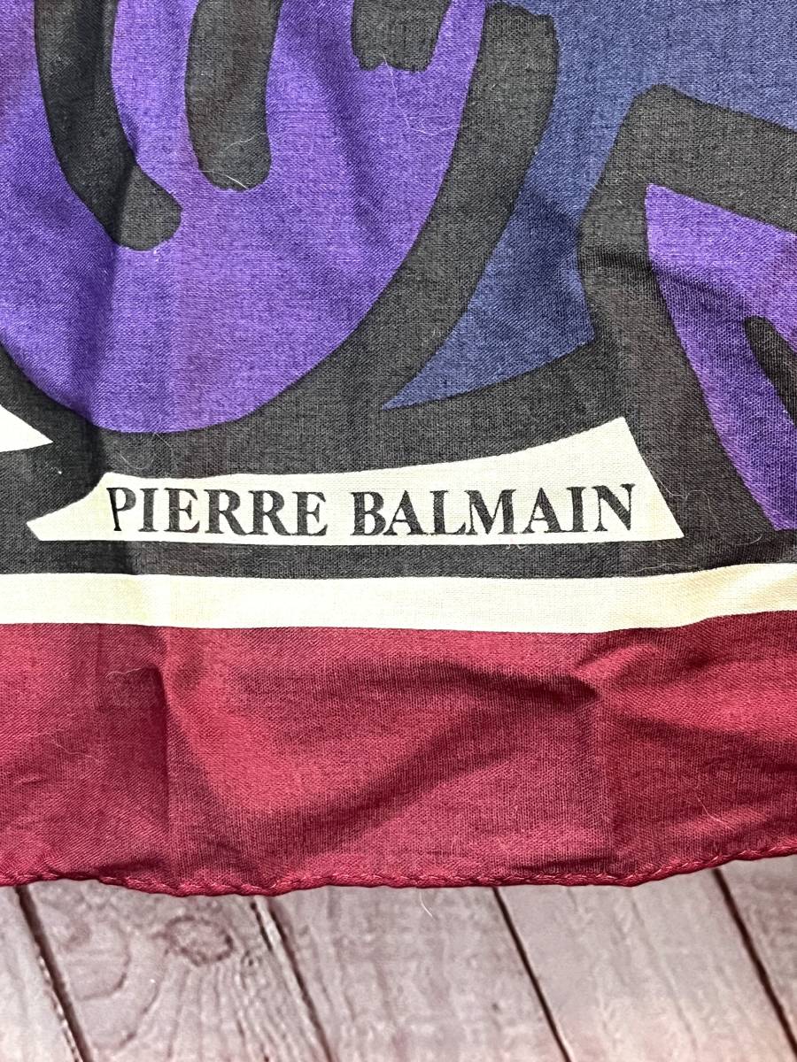 PIERRE BALMAIN　ピエール バルマン 大判スカーフ　ショール　ストール　コットン　縁ボルドー　アート柄　89×89