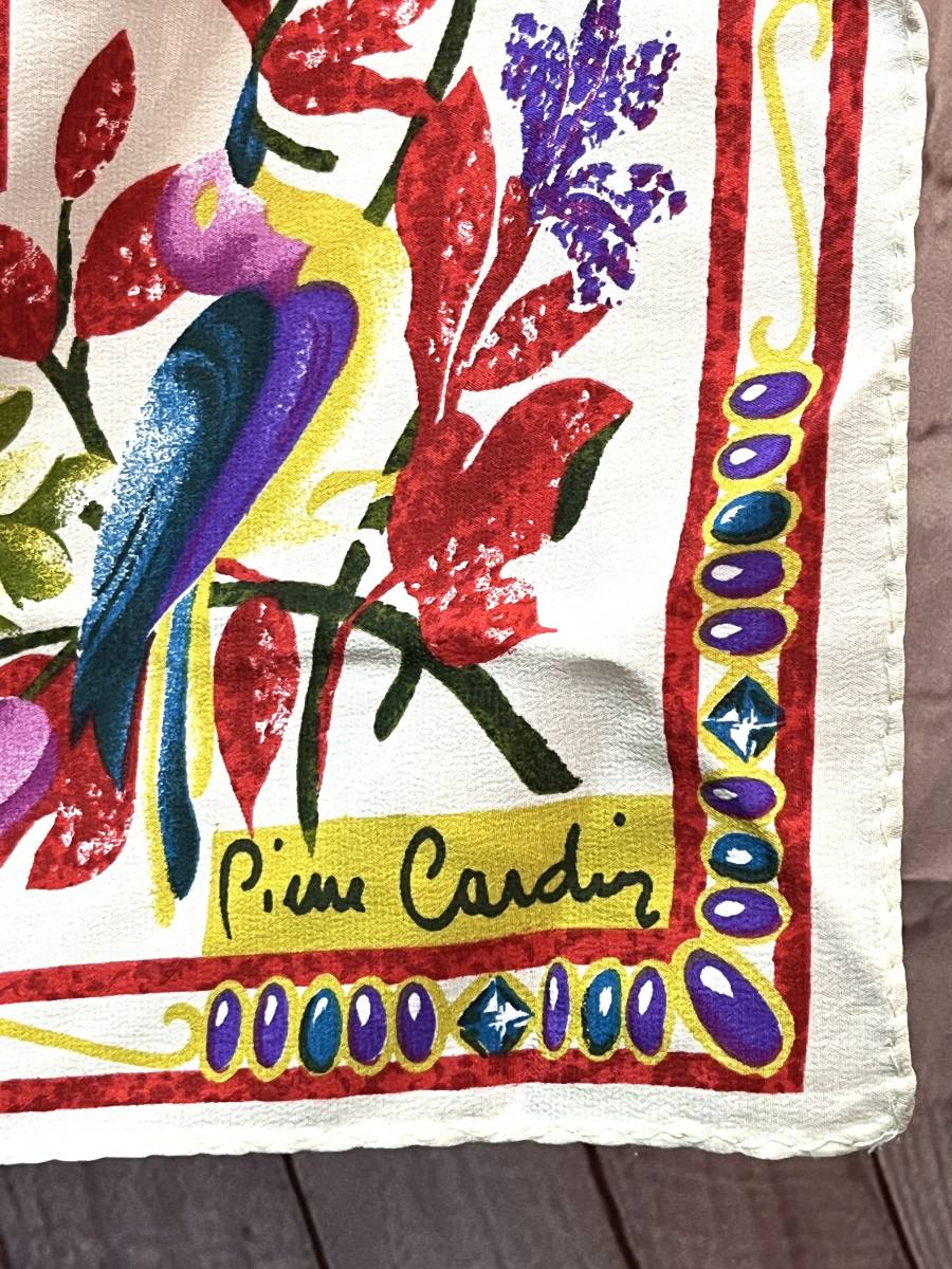Pierre Cardin　ピエールカルダン　大判スカーフ　ショール　ストール　シルク　花　フラワー　オフベージュ　88×88