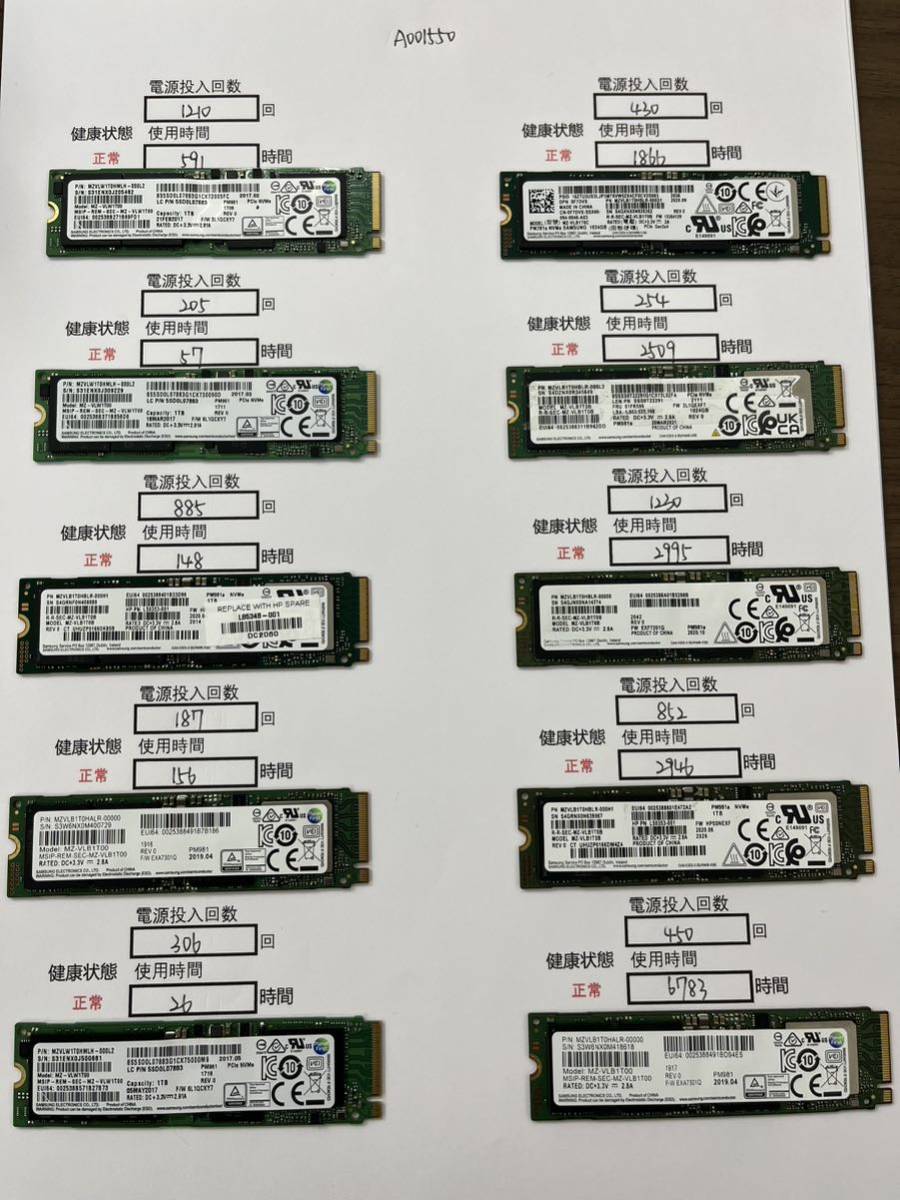 A001550 品 SAMSUNG SSD 2280 NVME 1TB 10枚　動作確認済み　納品書発行可(商品説明文ご確認下さい)