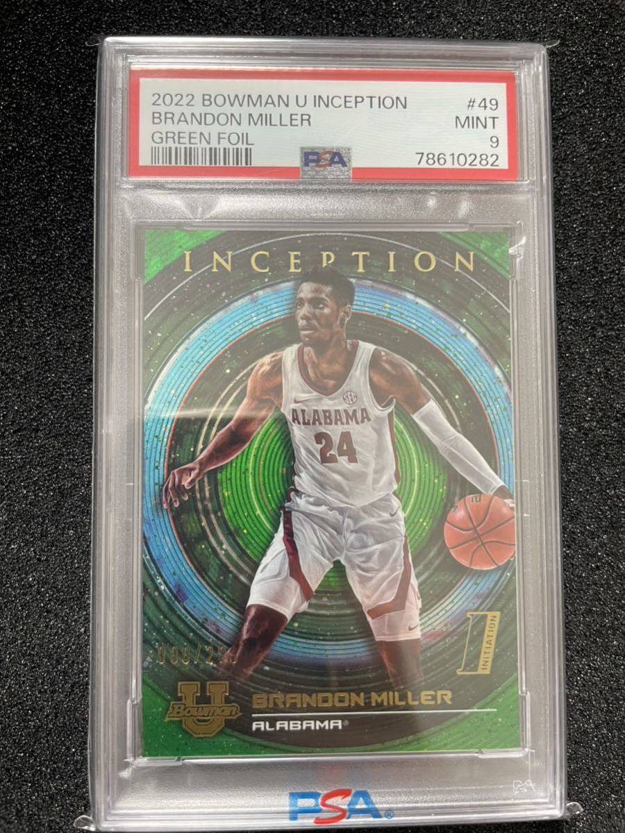 2022-23 Bowman U Inception Brandon Miller Green Foil /299 PSA9_画像1