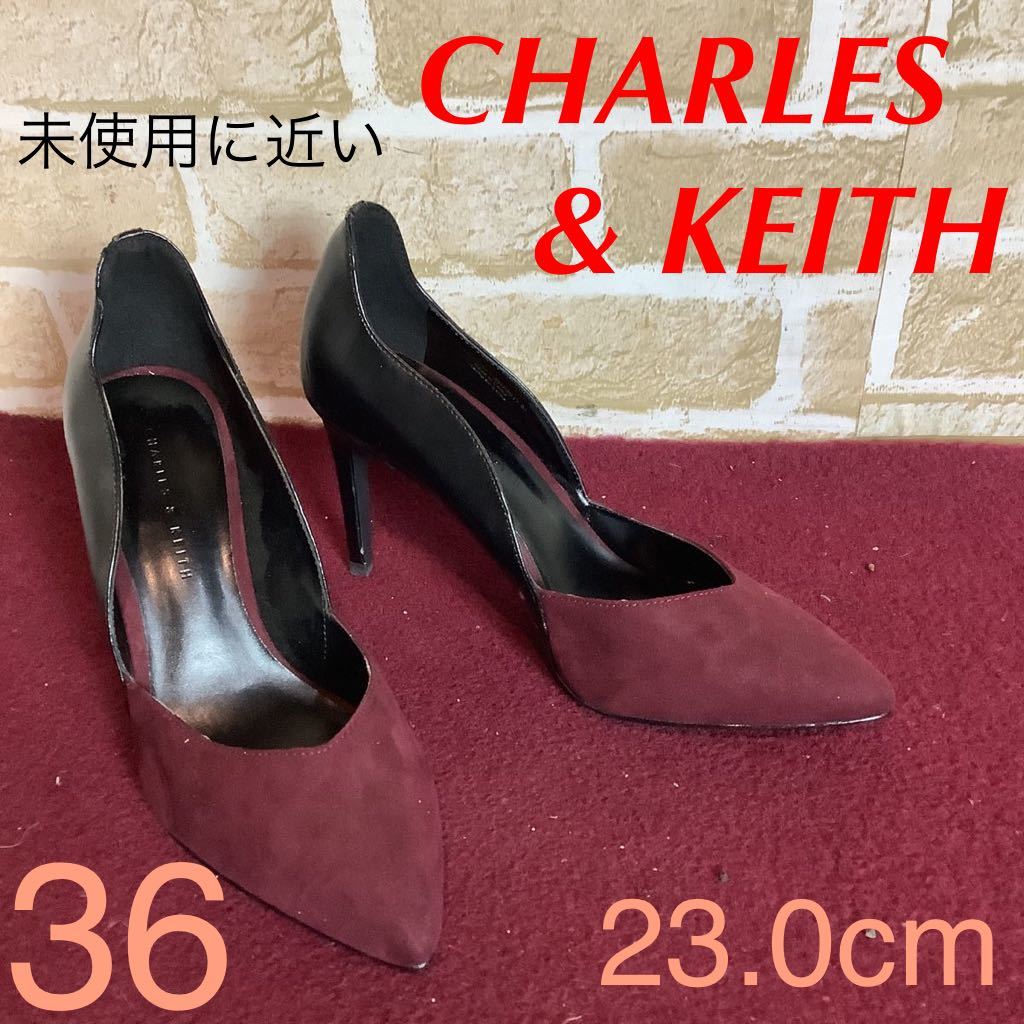 【売り切り!送料無料!】A-204 CHARLES & KEITH!パンプス!36 23.0cm!ワインレッド!ブラック!ピンヒール!おしゃれ!スエード!未使用に近い!_画像1