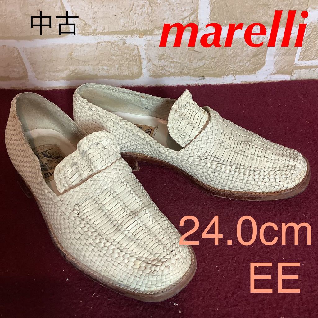 【売り切り!送料無料!】A-179 marelli!ビジネスローファー!24.0cm EE!メッシュ素材!白!ホワイト!通気性!編み込み!仕事!普段履き!中古!_画像1