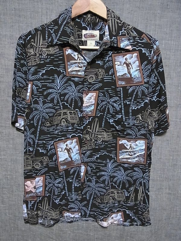 [Anonymous/Shipping включена] 90 -е годы Hawaii Rainse Pooner Art of Eddy Y Rayon Aloha Shirt S. (плечо 44 лучших 58) Черный серфинг классический автомобиль