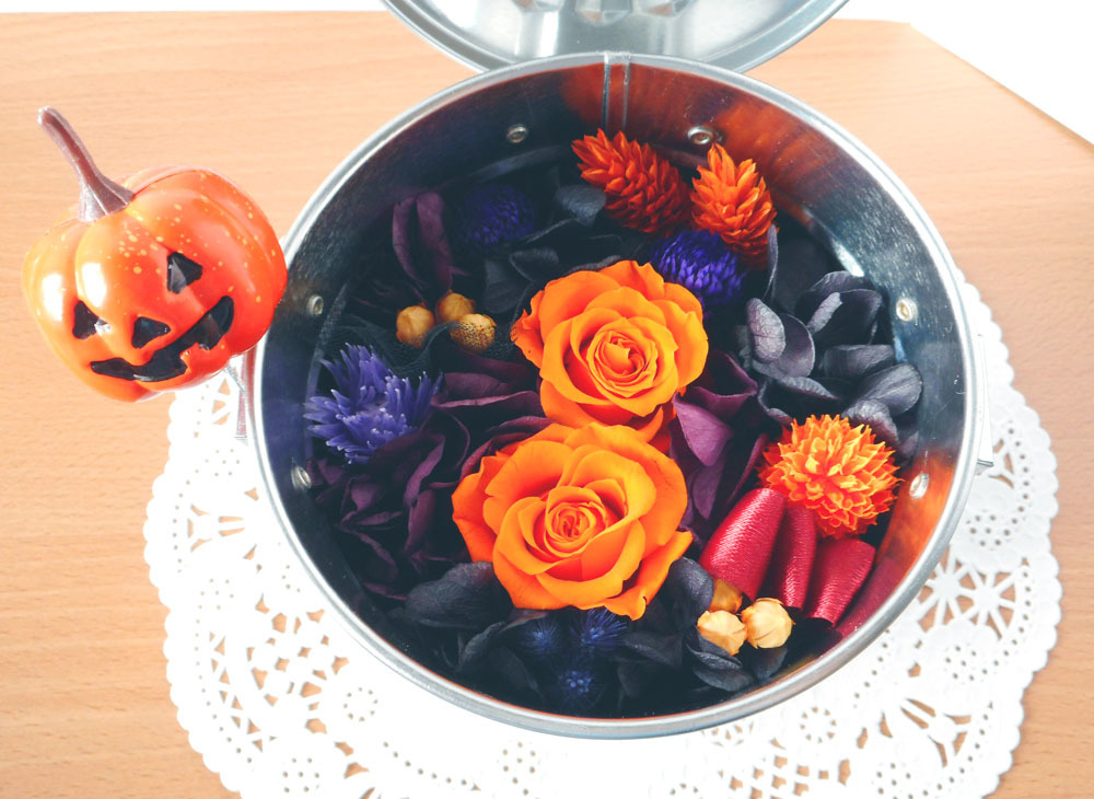 * orange & black preserved flower box arrange final product tin plate bucket free shipping 2*