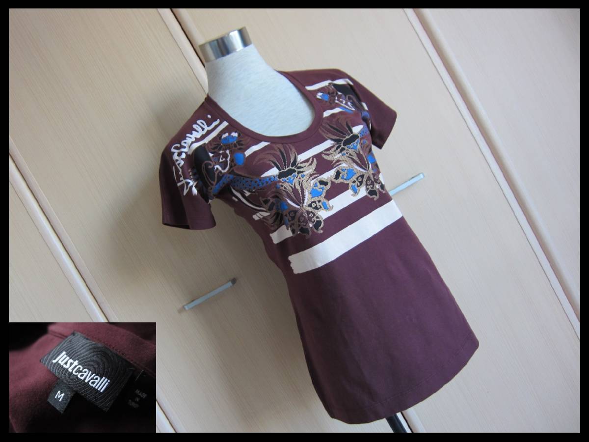  new goods unused goods Just Cavalli Just kavali fine quality cut and sewn piece .. T-shirt stretch do Le Mans short sleeves ro belt kavali bordeaux M L