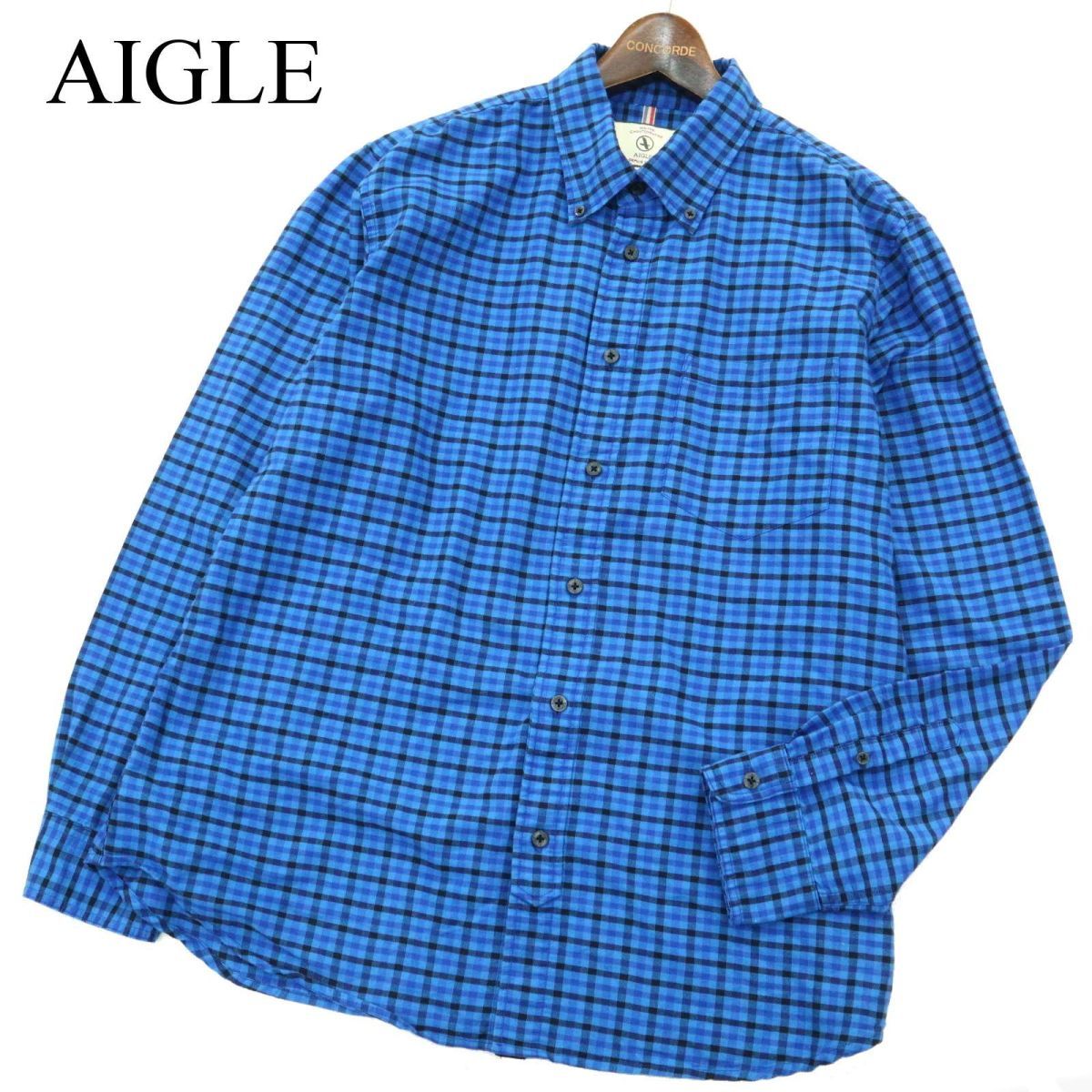 AIGLE エーグル 通年 ポリ&コットン★ 長袖 ボタンダウン チェック シャツ Sz.XL　メンズ ネイビー 大きいサイズ アウトドア　A3T11871_A#C_画像1