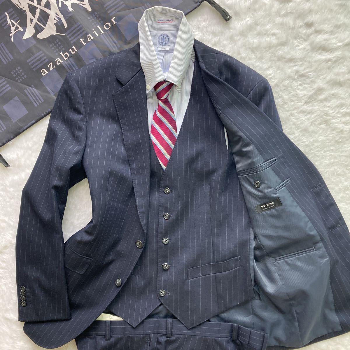 高価値】 ストライプ ネイビー スーツ スリーピース tailor 麻布