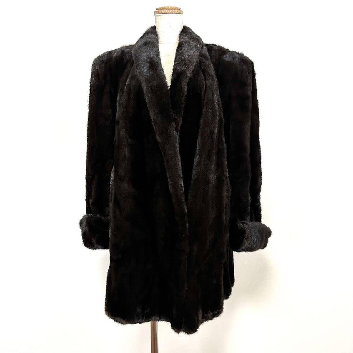 【貂商】h1092 BLACKGLAMA ブラックミンク ハーフコート デザインコートセミロング ミンクコート 貂皮 mink身丈 約80cm