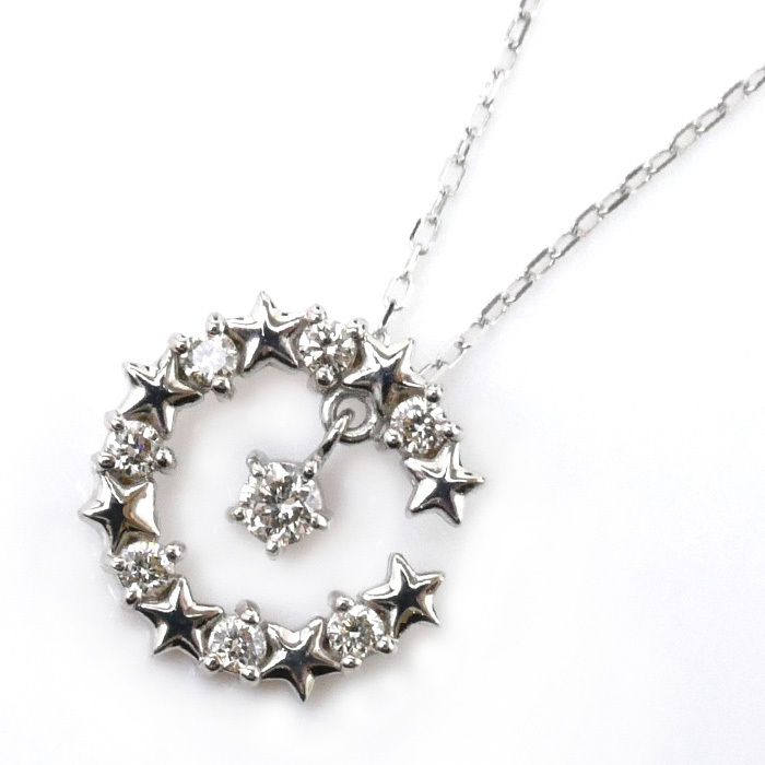 売れ筋ランキングも掲載中! K18WG ホワイトゴールド ネックレス ダイヤモンド0.10ct 1.0g 40cm 月・星 レディース 中古 ダイヤモンド