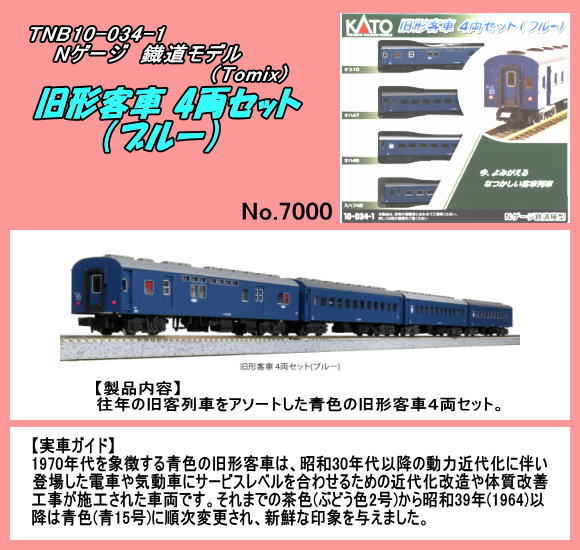 TNB10-034-1　（N)　旧形客車 4両セット(ブルー)　（Kato)