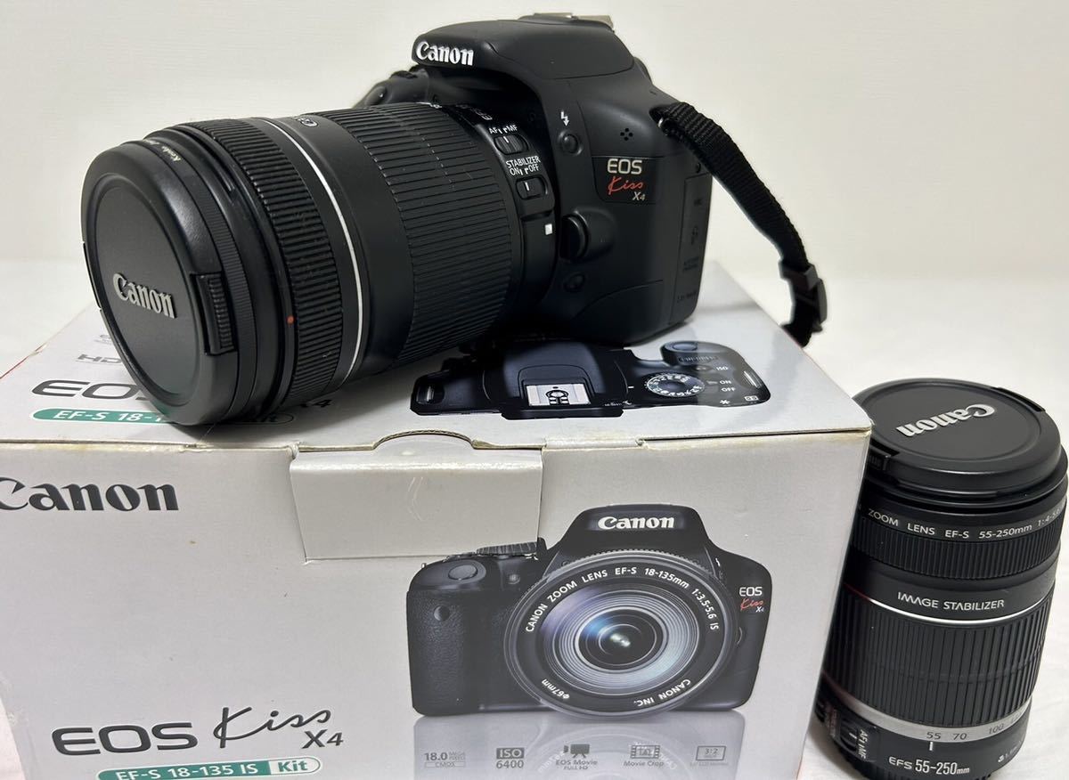 Canon キャノン デジタル一眼レフ EOS Kiss X4 レンズ2個付き CANON EF-S 55-250mm 1:4-5:6 CANON ZOOM EF-S 18-135mm 1:3.5-5.6 IS 中古品