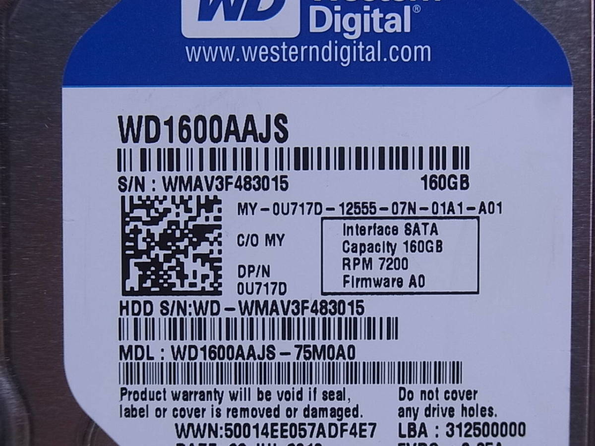 ◎L/570●ウェスタン・デジタル Western Digital☆3.5インチHDD(ハードディスク)☆160GB SATA300 7200rpm☆WD1600AAJS☆中古品_画像2