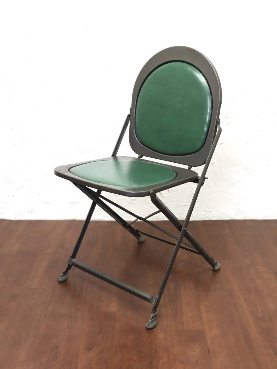 ビンテージ Brewer-Titchener社製 アイアンフォールディングチェア インダストリアル 工業椅子 レザー 折りたたみ グリーン 緑 アメリカ