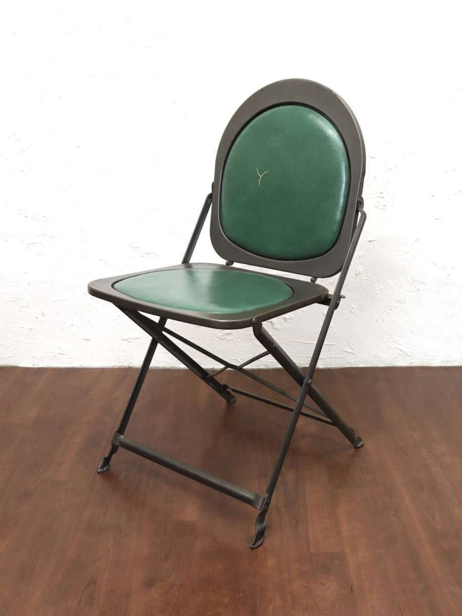 ビンテージ Brewer-Titchener社製 アイアンフォールディングチェア インダストリアル 工業椅子 レザー 折りたたみ グリーン 古い アメリカ
