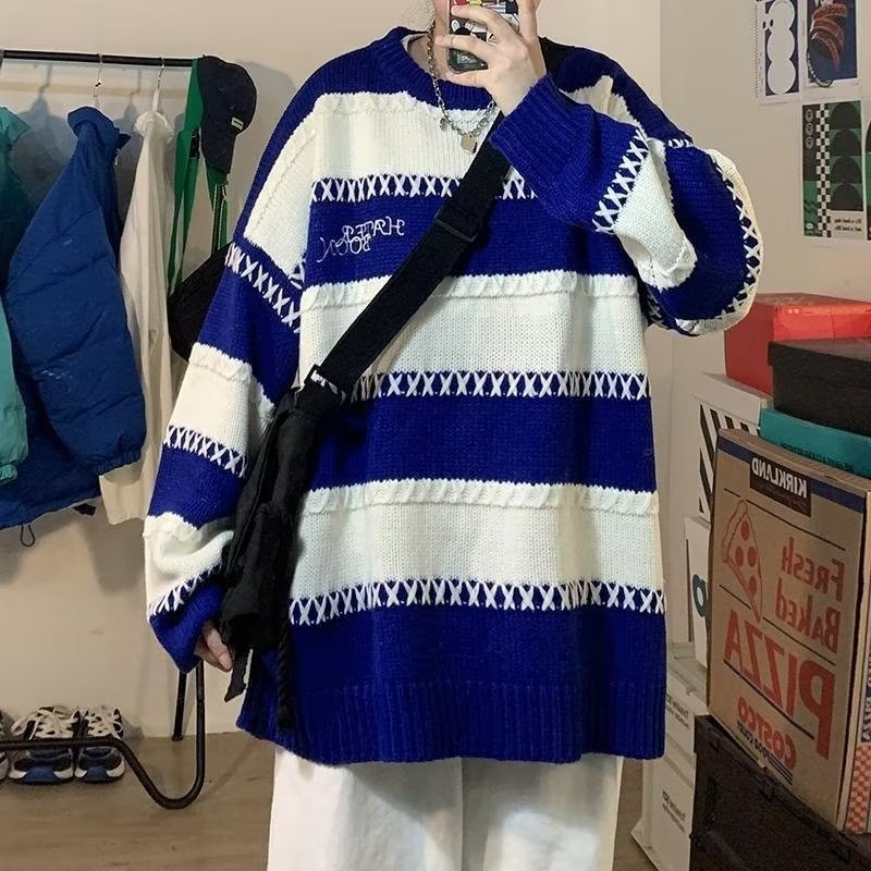 新入荷メンズ セーター トップス 韓国風 長袖 ボーダー柄 丸首 大きいサイズ ゆったり オーバーサイズ 秋冬 メンズファッション 色M-3XL_画像1