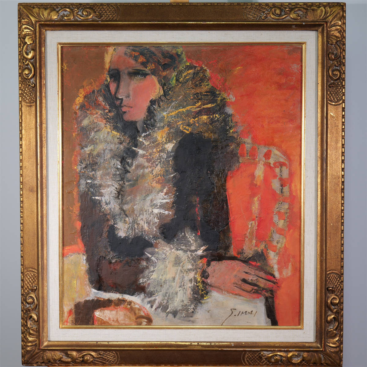  now ...[ fur woman ] oil painting F10 number genuine work guarantee .. seal frame 