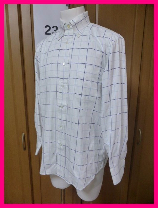 送料無料【クリーニング済】Maker's Shirt・長袖シャツ39-82　実寸S程度　白ウィンドウペン系　ボタンダウンメーカーズシャツ Kamakura鎌倉