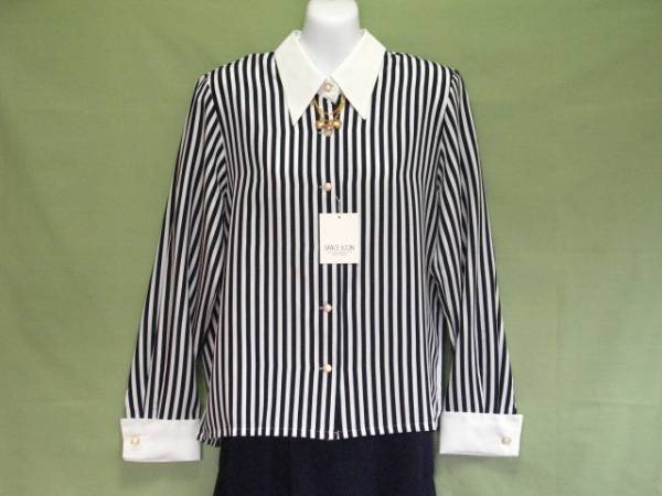 H39★新品 長袖　白襟　シャツブラウス 　黒と白ストライプ 日本製_画像1