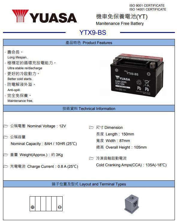 台湾ユアサバッテリー YUASA YTX9-BS / AGMバッテリー エストレヤ エプシロン250 ニンジャ250R W400 ザンザス ZZ-R250 ZRX400 ZRX-2_画像2