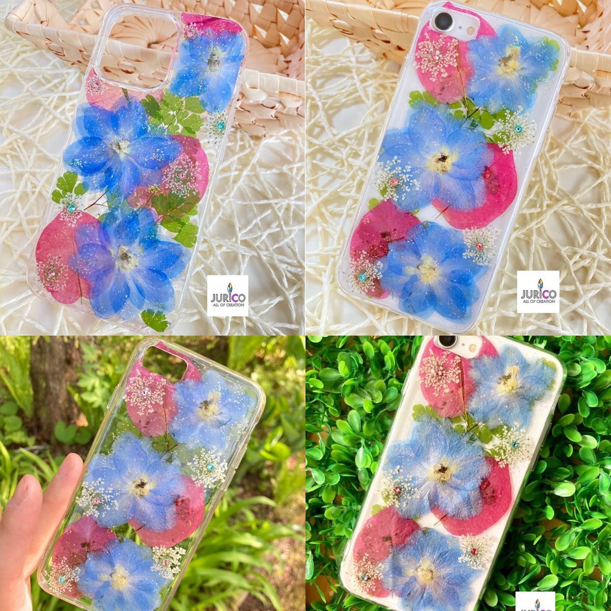 ハンドメイド押し花スマホケース　デルフィニウム