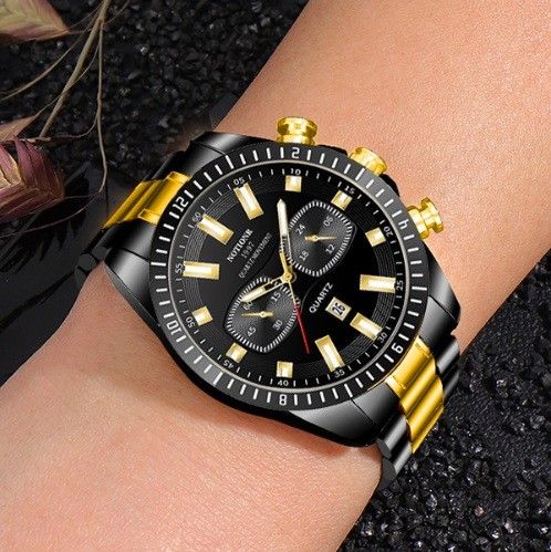 コンビ●メンズ腕時計デイトビジネススーツビッグフェイスカジュアル黒金電池式 高品質 日本未発売