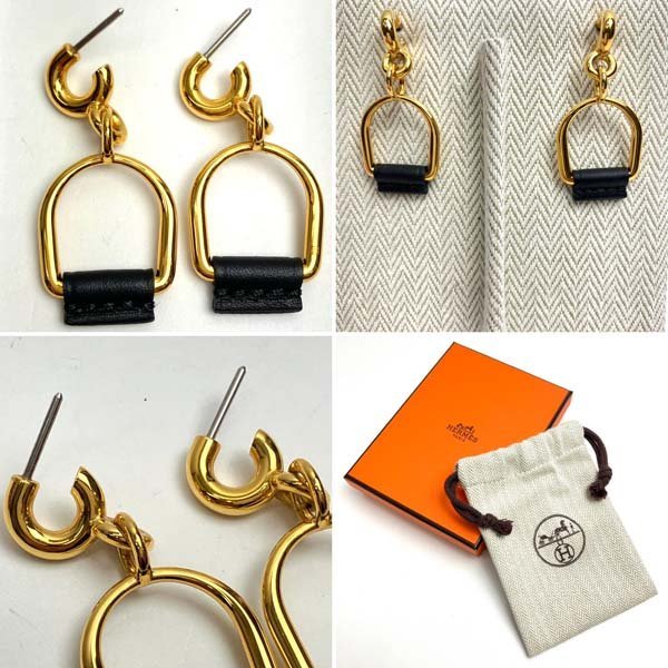 t) Hermes HERMES earrings elita-ju*eke -stroke ruetoliePM Gold / black H stamp brand accessory used * box / storage bag / other equipped 