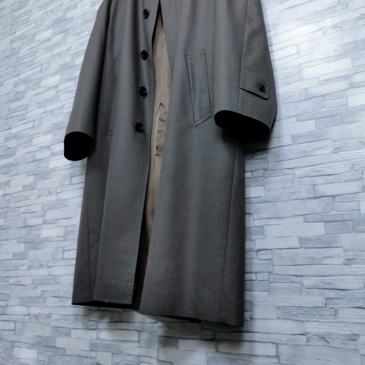 【ヴィンテージ】TROJAN☆ステンカラーコート　超ロング丈　シルク混・ウール　日本製　L相当　ロングコート　グレー 灰色　比翼仕立て
