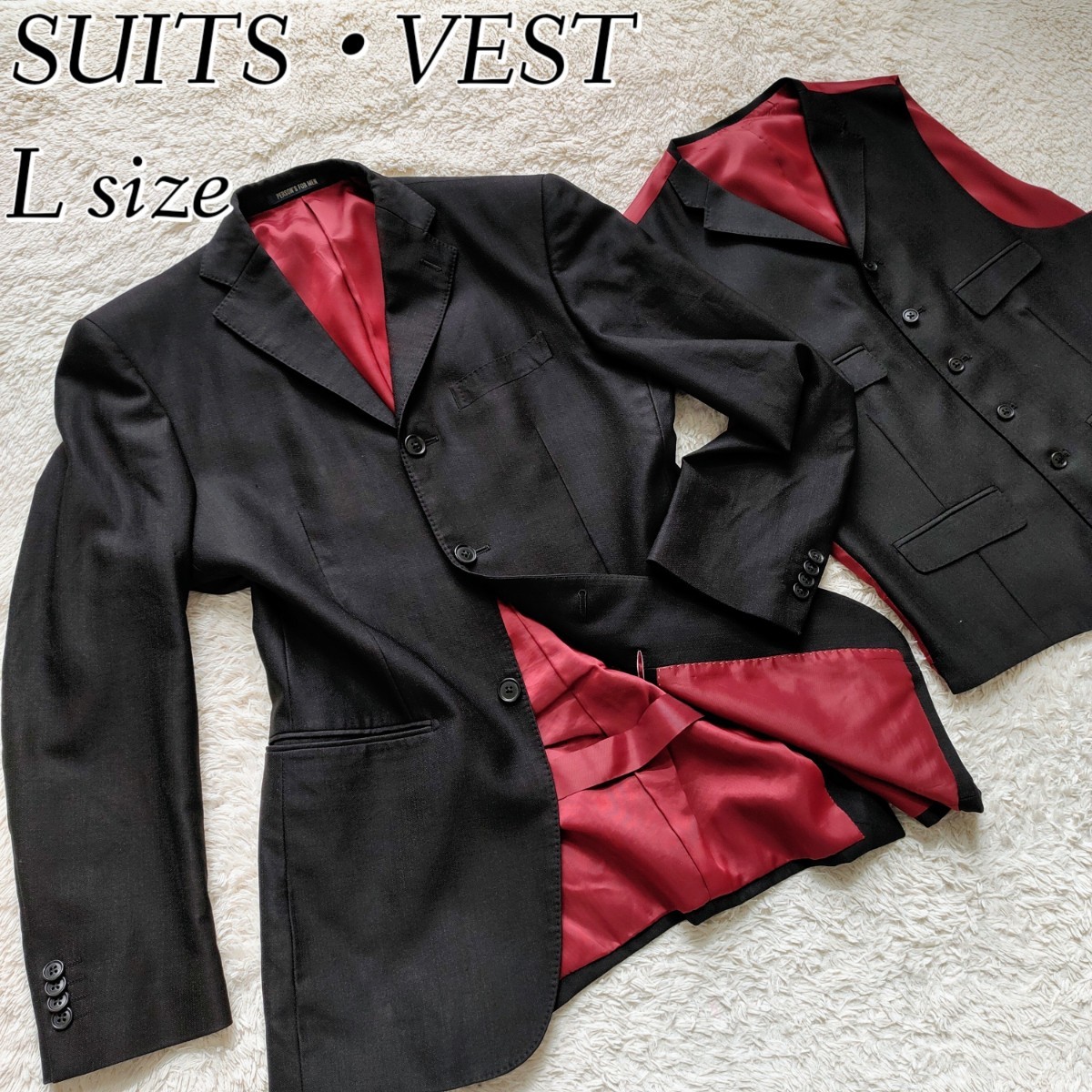 セット】スーツジャケット＆ベスト L相当 黒・赤 ビジネス オシャレ