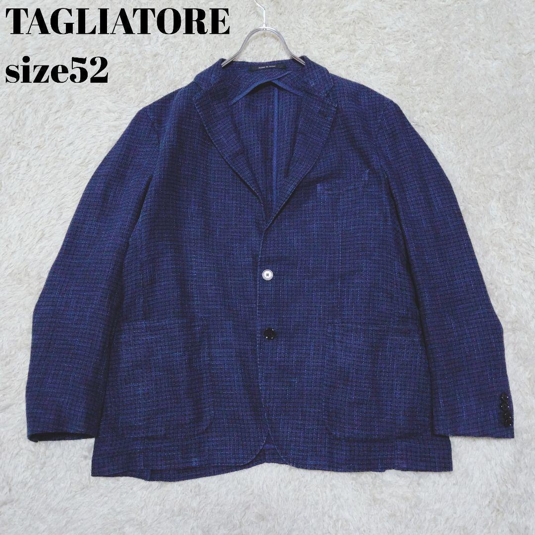 肌触りがいい 美品 TAGLIATORE タリアトーレ テーラードジャケット 2B サイドベンツ 大きいサイズ 52　XXL　イタリア製 チェック 千鳥格子　メンズ　紺 XLサイズ以上
