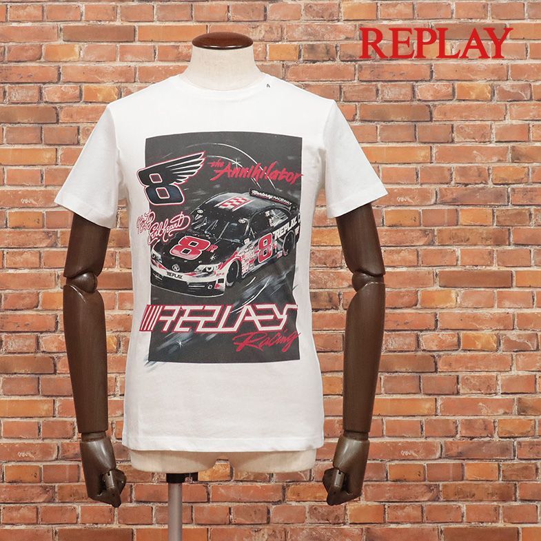 1円/REPLAY/Mサイズ/丸首Tシャツ M3877 ジャージー伸縮 スポーツカー プリント 半袖 リプレイ 新品/白/ホワイト/he251/_画像1