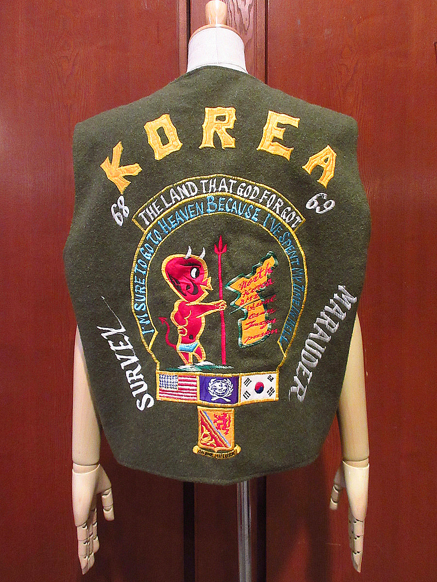 Винтаж 60-х годов ● Военная корейская сувенирная шерсть Лучшая оливковая зеленая ● 231014i1-m-vs армия США Снупи Летающий Эйс Красный Дьявол