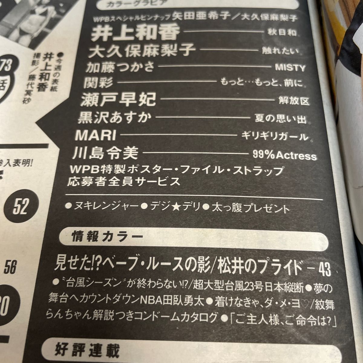 井上和香　矢田亜希子ピンナップ　大久保麻梨子　瀬戸早妃　黒沢あすか　加藤つかさ　週刊プレイボーイ　平成16年11月9日