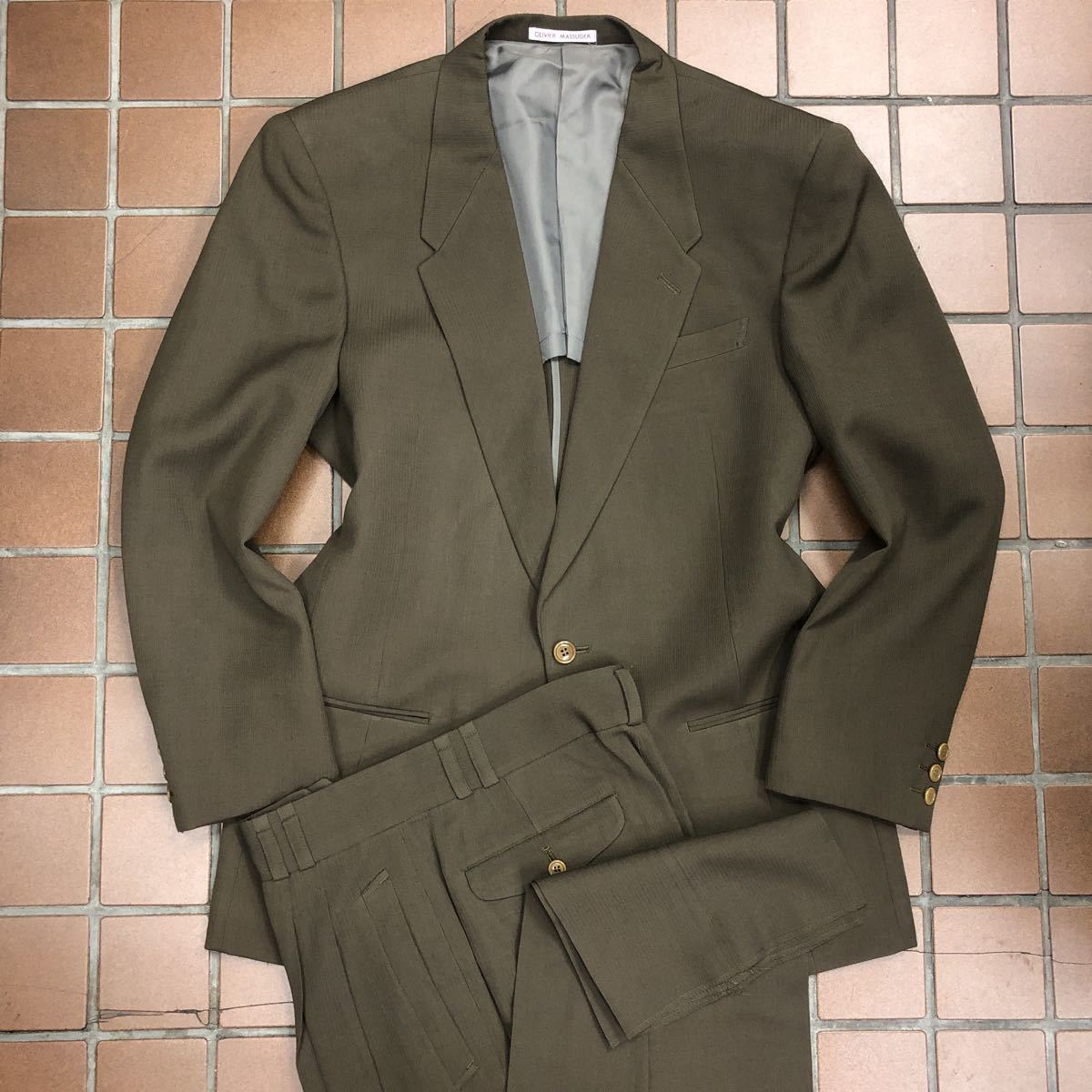 デッドストック　未使用　希少カラーセットアップ 2Bスーツ ヴィンテージ 一点物 緑系／サイズLL/2タック　毛100%/90年代ヴィンテージ品