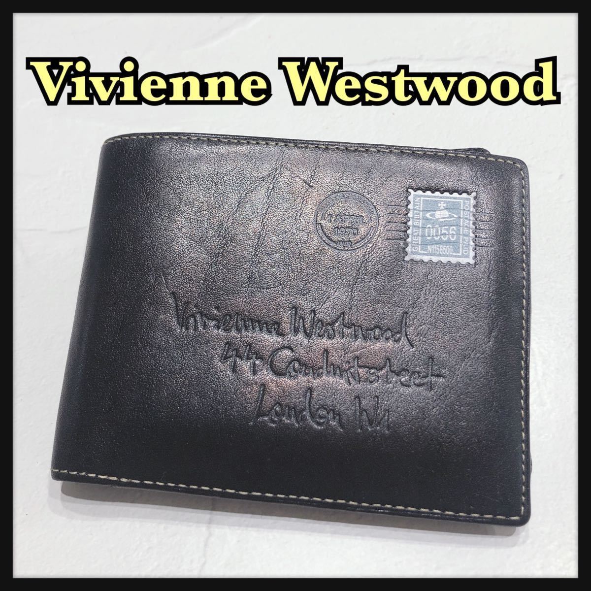 ☆Vivienne Westwood☆ ヴィヴィアンウエストウッド 財布 二つ折り財布 エンベロープ ブラック レザー 本革 オーブ 切手 メンズ 送料無料_画像1